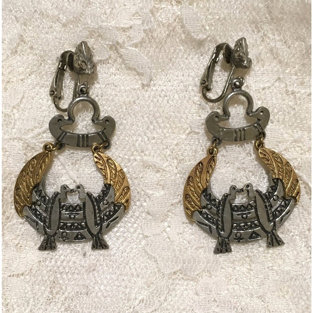 Vintage ART Earrings Egyptian Revival Clip Ons Gold Silver Tones Dangly Art Deco